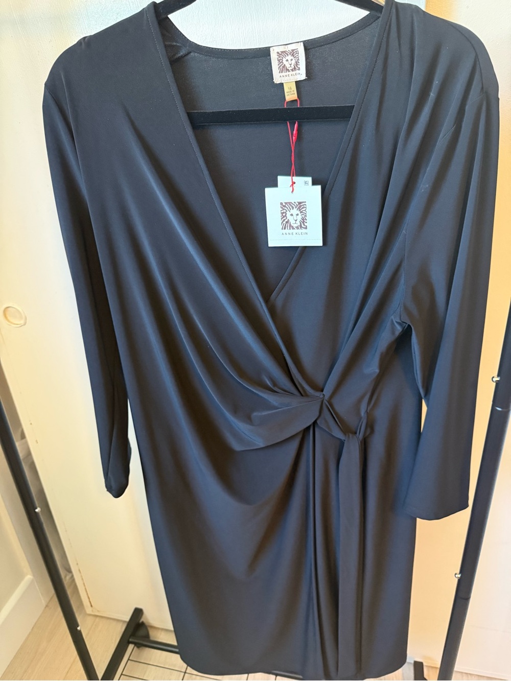 Anne Klein Black Faux Wrap-Style Knot Dress.